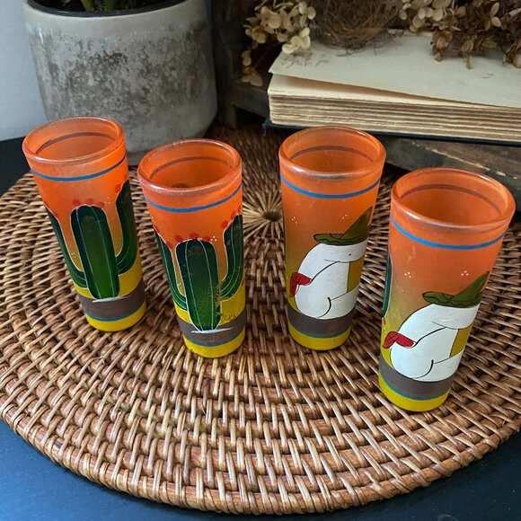 Vintage Hand Painted Mexican Folk Art Sleepy Pancho Tequila Shot Glasses - Set 4 - Picture 2 of 5